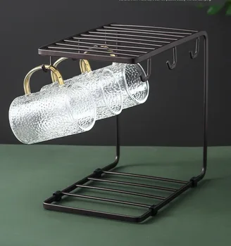 

Double-layer iron cup holder glass cup draining household Cup hanger wooden handle handle coffee cup holder cup upside-down 6 st