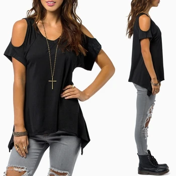

Women Cold Shoulder Short Sleeve T-Shirt Cut Hollow Skull Backless Blouse Casual