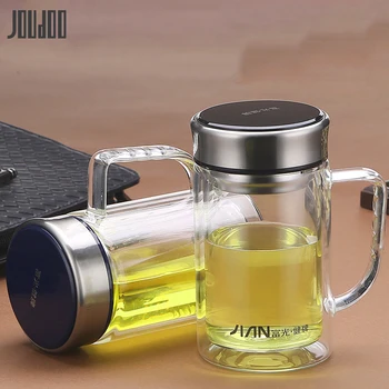 

JOUDOO Office Tea Water Glass Bottles Creative Double-layer Drinkware Cup With Hand 570ML Business Leak-proof Bottle Of Water