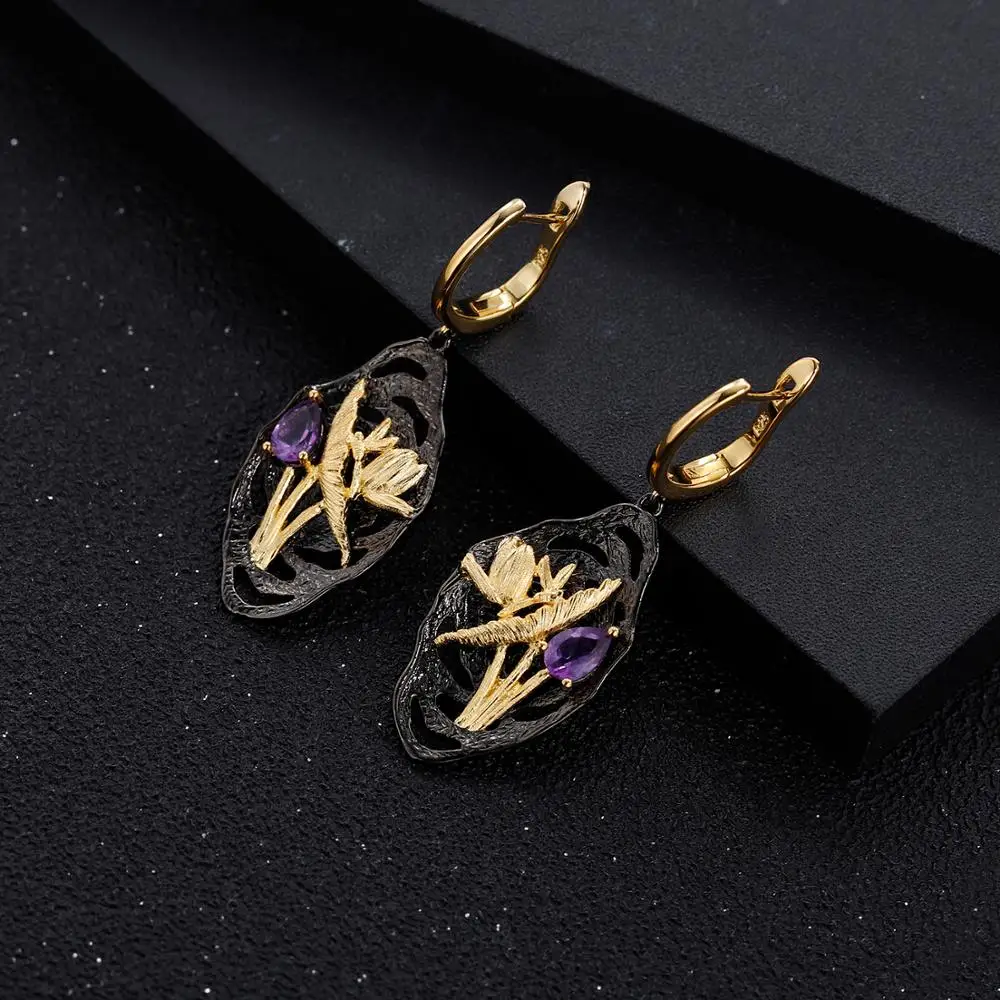Женские серьги с аметистом GEM'S серьги-подвески ручной работы из серебра 925