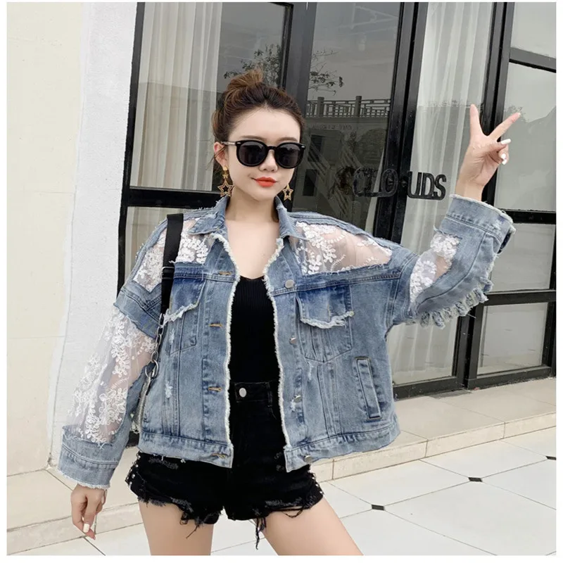 

Streetwear Lace Patchwork Jean Hole Denim Jacket Coat Women Oversized Long Sleeve Perspective Flower Embroidery Loose Overcoat