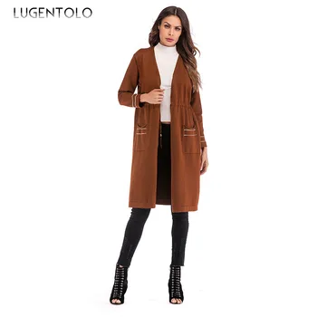 

Lugentolo Women Coat Wool New Autumn Winter Fashon Lacing Slim Fit Long Knitting Loose Cardigan Splice Pocket Casual Coats