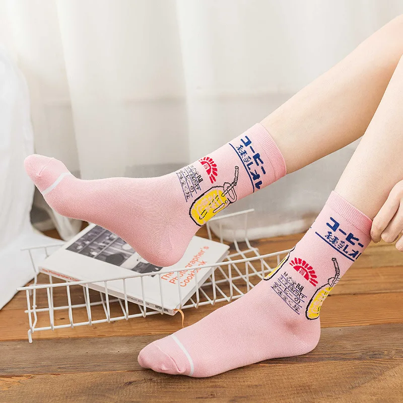 Cartoon Sweet Strawberry Coffee Stripe Letter Women Crew Socks Warm Funny Cute Fashion Casual Art Skarpetki Kawaii Happy Sock