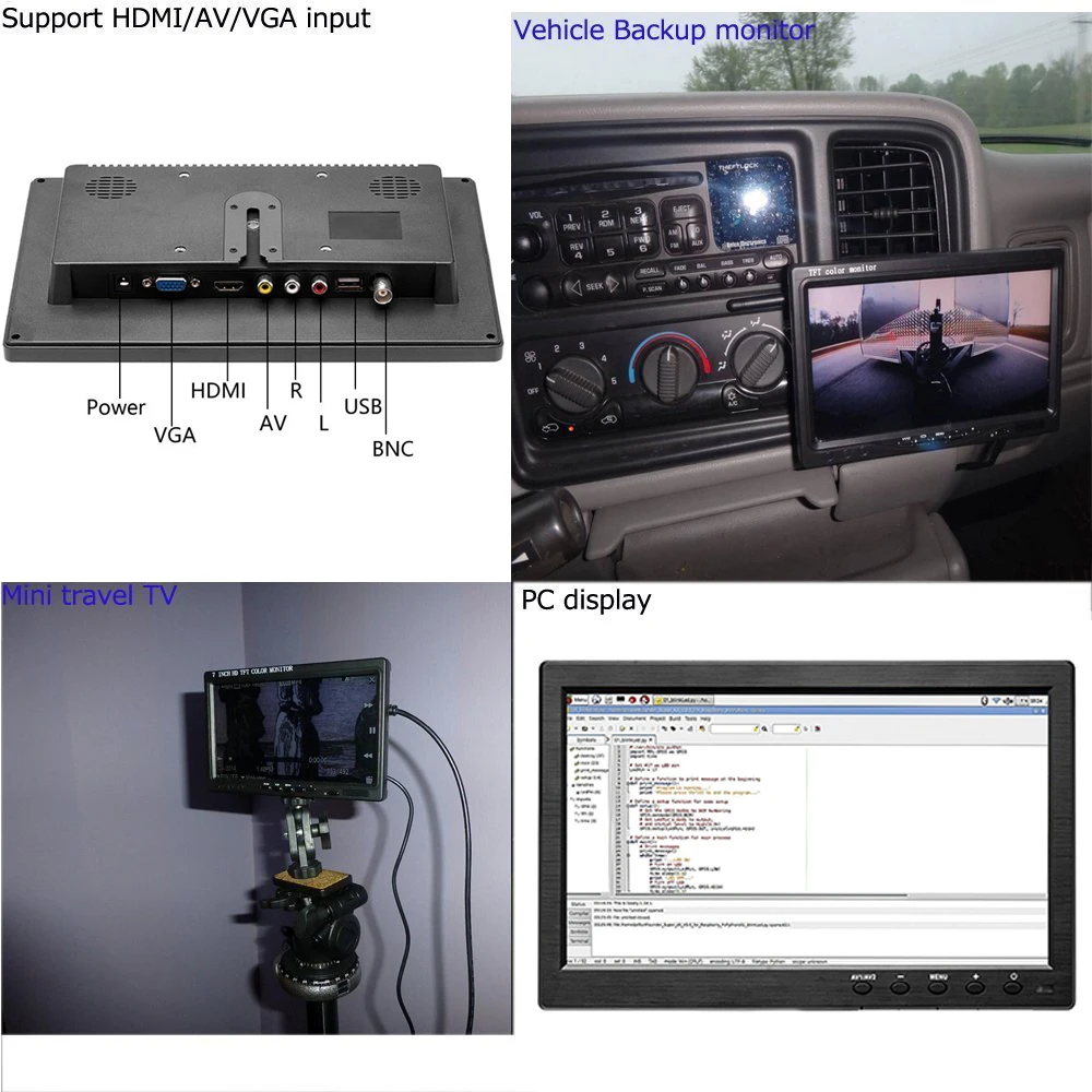 LCD HD PC 모니터, 미니 TV 컴퓨터 디스플레이, 2 채널 비디오 입력, 휴대용 보안 모니터, 스피커 HDMI VGA, 10.1 인치