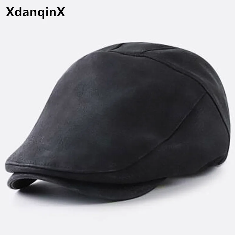 

XdanqinX Men's Imitation Leather Berets Vintage British Hat Simple Casual Retro Fashion Hat Bone Women's Black Caps Snapback Cap