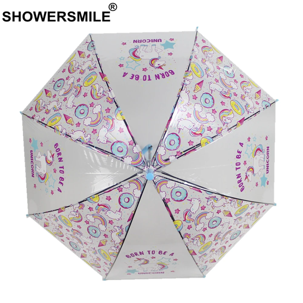 

SHOWERSMILE Unicorn Children Long Handle Transparent Umbrella Clear See Through Pink Hanging Kids Parapluie Transparent