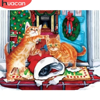 

HUACAN Painting By Number Christmas Cat Drawing On Canvas HandPainted Art Gift DIY Pictures By Number Animal Kits Home Decor