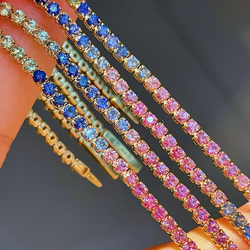 Aazuo 18K Pure Yellow Gold Natrual Different Clour Sapphire Classic Tennis Bracelet For Woman Upscale Trendy Engagement Party
