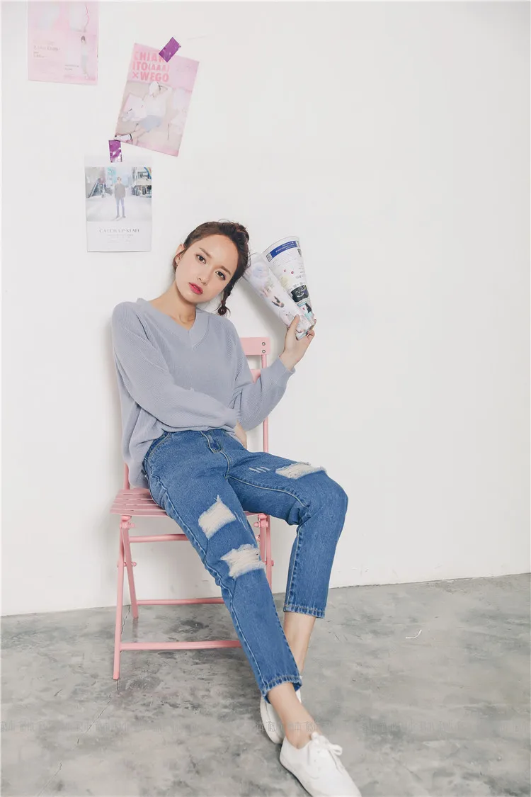 With Holes Straight-Cut Jeans Women's Autumn New Style WOMEN'S Dress Yiwu Solid Color Casual Slimming WOMEN'S Pants