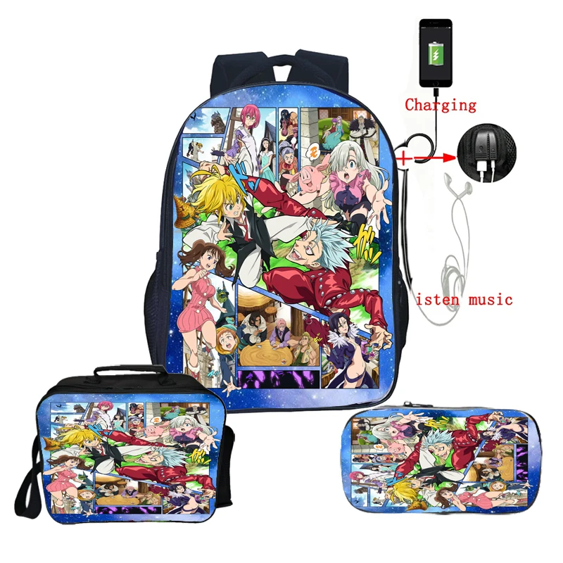 3pcs Set The Seven Deadly Sins USB Backpack for Girls Boys Kids Anime School Bags Students Knapsack with Pencil Case Lunch Bag