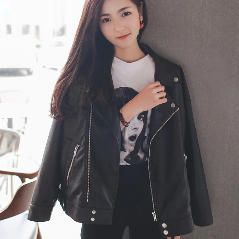 

Women Loose Faux Leather Jacket Classic Retro Rivet Moto Biker Jacket Ladies Basic Coat Plus Size Girl Outerwear