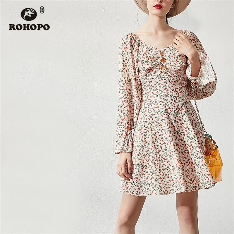 

ROHOPO Long Sleeve Off Shoulder Draped Top Buttons Printed Floral Pink Dress Pleated Hem Preppy Girl Chic Vestido #8953