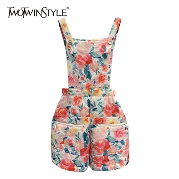 

TWOTWINSTYLE Print Hit Color Jumpsuit For Women Lapel Sleeveless High Waist Wide Leg Shorts Casual Jumpsuits Female 2020 Summer