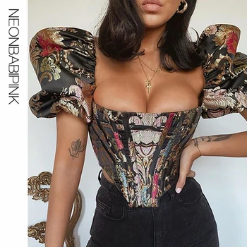 

NEONBABIPINK 2020 New Sexy Corset Blouse Shirt Embroidery Puff Sleeve Square Neck Vintage Women Tops Party Club N55-AF66