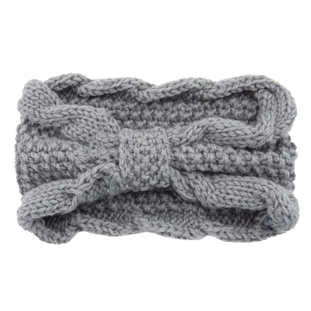 Molans Bow Twist Wide Headband Ladies Solid Winter Crochet Knitting Woolen Warm Stretch Headbands Handmade Hair Accessories - Цвет: Серый