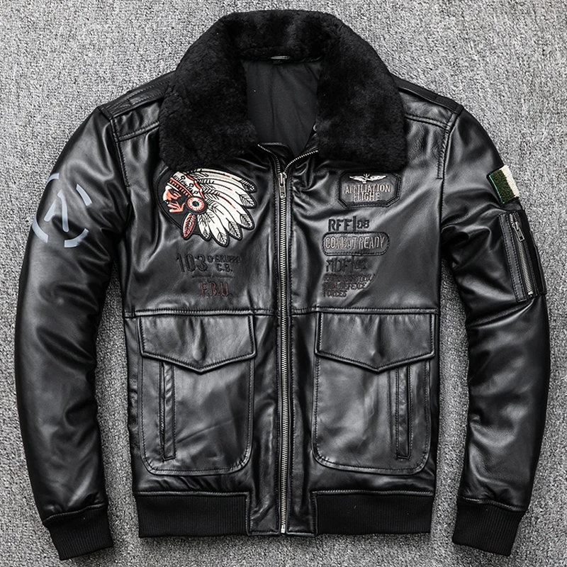 

Indian Style Fight Mens Sheepskin Leather Jackets Fur Collar Plus Size XXXL Winter Warm Man Real Genuine Leather Coats A839