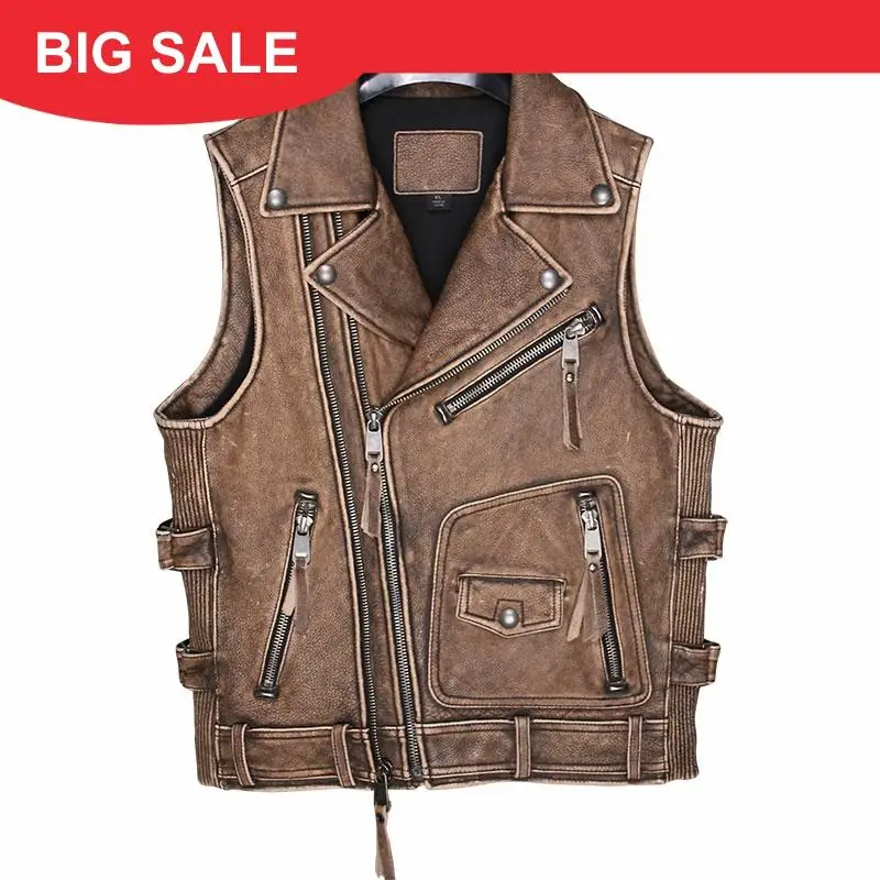 

2020 Vintage Brown Men American Style Biker's Leather Vest Plus Size 6XL Genuine Thick Cowhide Autumn Short Motorcycle Leather V