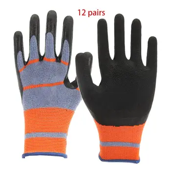 

12 Pairs Wear-Resistant Striped Stretch Work Gloves Breathable Construction Site Rubber Coated Non-Slip Protective Hand Cover