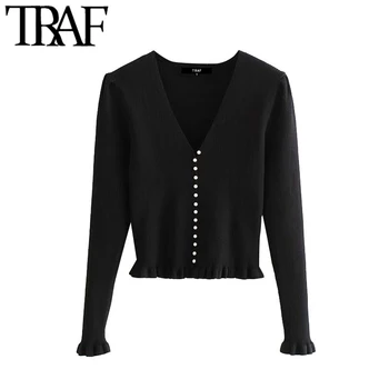 

TRAF Women Fashion Decorative Pearl Buttons Cropped Knitted Sweater Vintage V Neck Ruffle Female Pullovers Chic Tops
