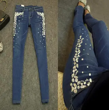 

2020 New women skinny jeans denim pants fashion diamonds rhinestones stretch Slim pencil pants r102