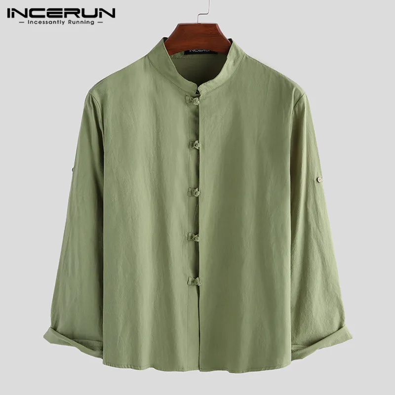 Green Shirt Осенняя однотонная мужская винтажная рубашка со стоячим воротником, уличная одежда с длинным рукавом, на пуговицах,, повседневные мужские рубашки, бренд Camisa INCERUN - Цвет: Green Shirt
