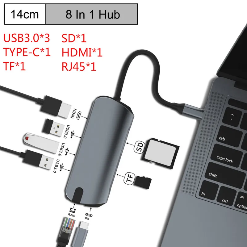 Grey 8 в 1 концентратор USB C type C для мульти USB 3,0 концентратор USB-C 3,0 сплиттер 3 порта USB концентратор HDMI адаптер док-станция для huawei P30/P20 MacBook Pro - Цвет: Grey