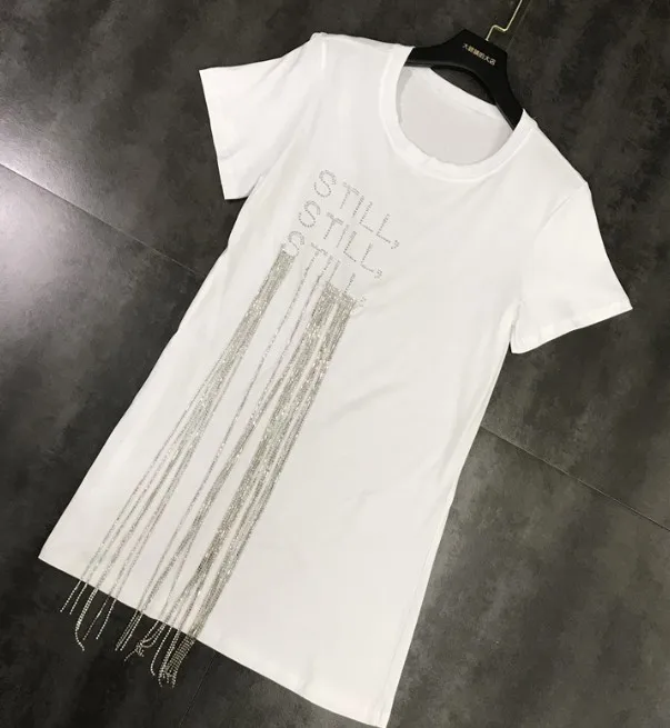 white tshirt Новинка года, весенне-летняя футболка с короткими рукавами и кисточками с цепочкой для воды+ модная юбка на молнии модные костюмы с юбкой из 2 предметов - Цвет: white tshirt
