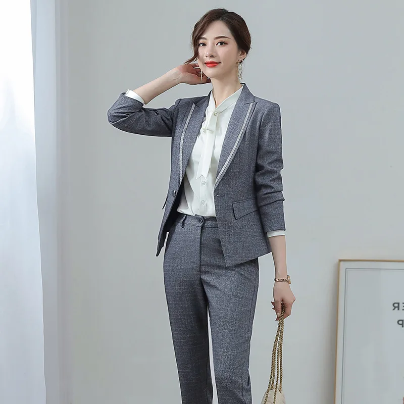 

IZICFLY New Style Fall women working suits for office Uniform Design Elegant Business two piece ladies pant suits plus size gray