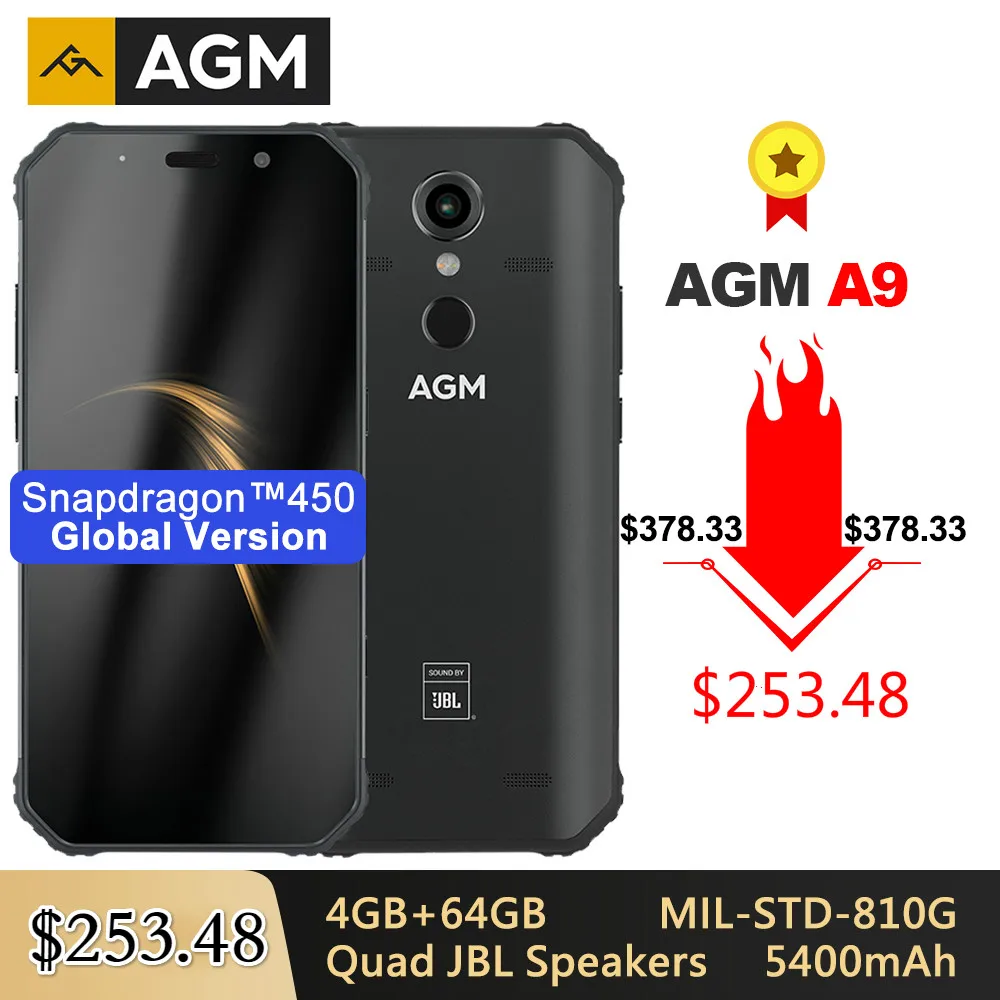Смартфон AGM A9 защищенный IP68 SDM450 5 99 дюйма FHD + 4 64 ГБ 5400 мА · ч быстрая зарядка 3 0 Android 8