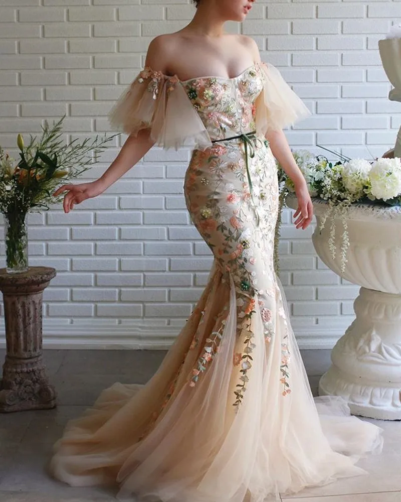 

Charming Off the Shoulder Mermaid Prom Dress With Lace Appliques Tulle Custom Made Celebrity Pageant Gowns Zipper Evening Dress