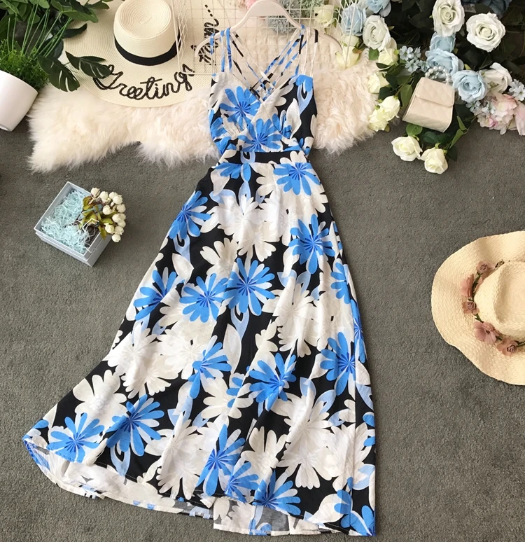 Платье богемное Flroal Vestido сексуальное летнее платье с v-образным вырезом женское без рукавов с открытой спиной пляжное стильное ТРАПЕЦИЕВИДНОЕ длинное платье AE833
