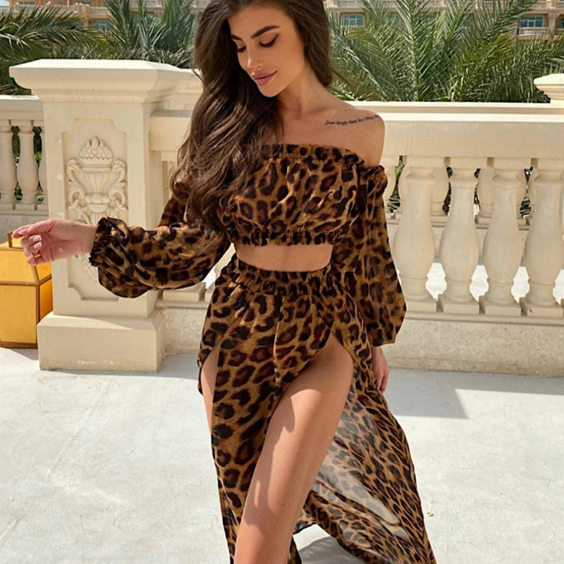 Puloru New Women Two-pieces Beach Suits Summer Solid Color Bikini Cover-ups Sets Off Shoulder Crop Tops+High Slit Maxi Skirts 6