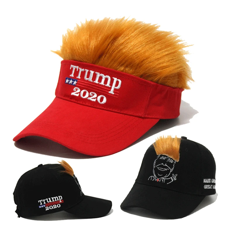 

President Trump 2020 Wig Hair Embroidered Red Black Hats Women Men Cap Make America Great Again Adjustable USA Flag Visor Caps