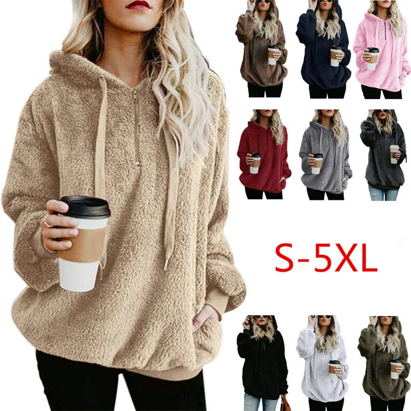 Женская зимняя толстовка с капюшоном Pull Femme Teddy Hoody Top на молнии свободный стиль уличная пушистая пуловеры плюс Размер Женская