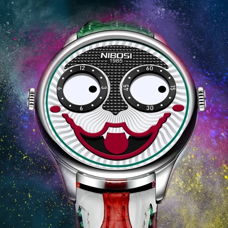 NIBOSI New Arrival Joker Watch Men Unique Big Eyes Fashion Clown Quartz Watch For Halloween Leather Waterproof Sports Watches