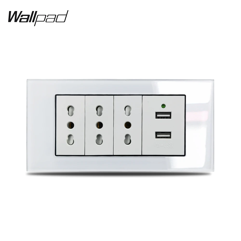 Tomada Italiana Soquete Usb de Entradas Usb l3 Painel de Vidro Branco 16a Soquete de Tomada Dupla para Usb e Soquete de Parede da Itália 153*75 mm