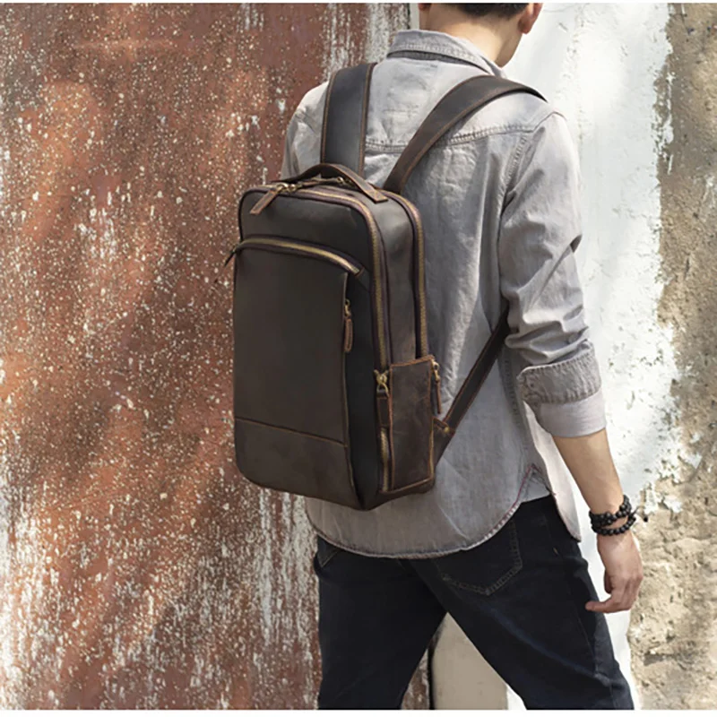 Outdoor Model Show of Woosir Leather Laptop Backpack with Trolley Sleeve