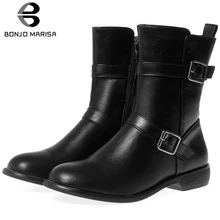 BONJOMARISA Plus Size 33-46 Elegant Fake Leather Booties Ladies OL Flat Ankle Boots Women 2019 Casual Low Heels Shoes Woman