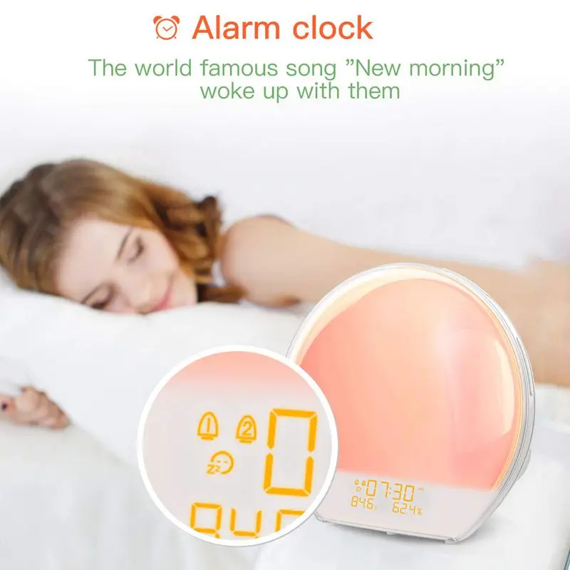 Светильник Wake-Up, будильник Sunrise с выходным интерфейсом Usb, fm-радио, темп-монитор влажности, рассвет и закат, затухание в ночное время L