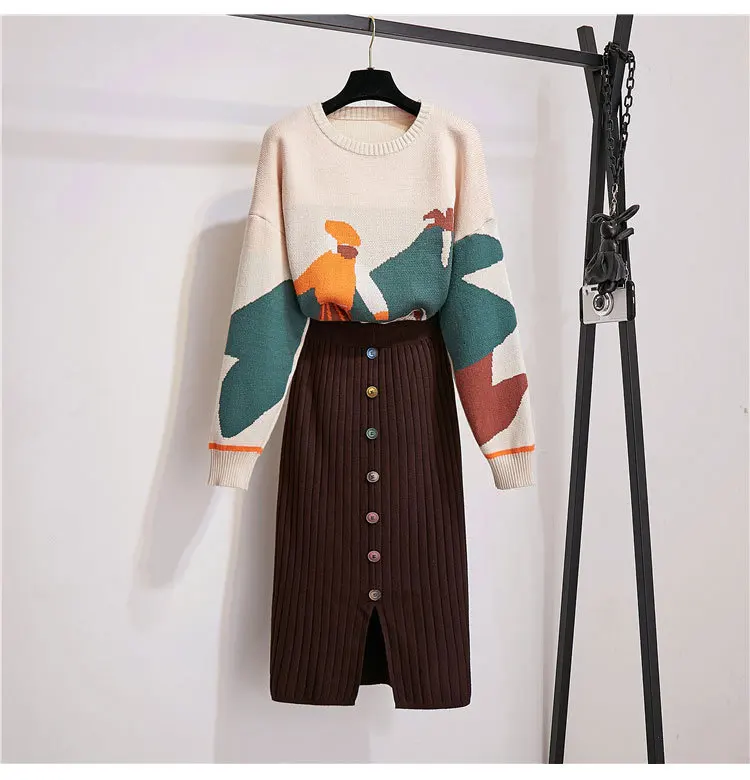Beige Женские трикотажные комплекты одежды с круглым вырезом и длинным рукавом, трикотажные топы с мультяшным принтом+ однобортная юбка до колен с эластичной резинкой на талии - Цвет: Beige