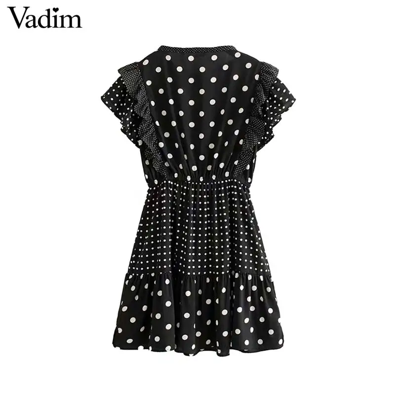 Vadim women elegant dots print mini dress ruffles elastic waist short sleeve female fashion chic dresses summer vestidos QC601
