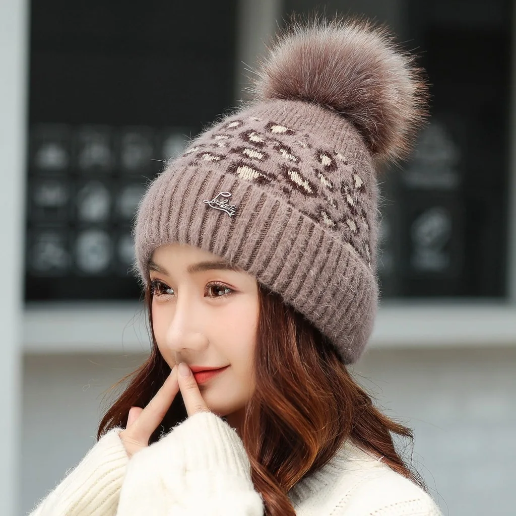 

new women's hat winter Leopard beanie knitted hat Angola Rabbit fur Bonnet girl 's hat fall female cap with fur pom pom
