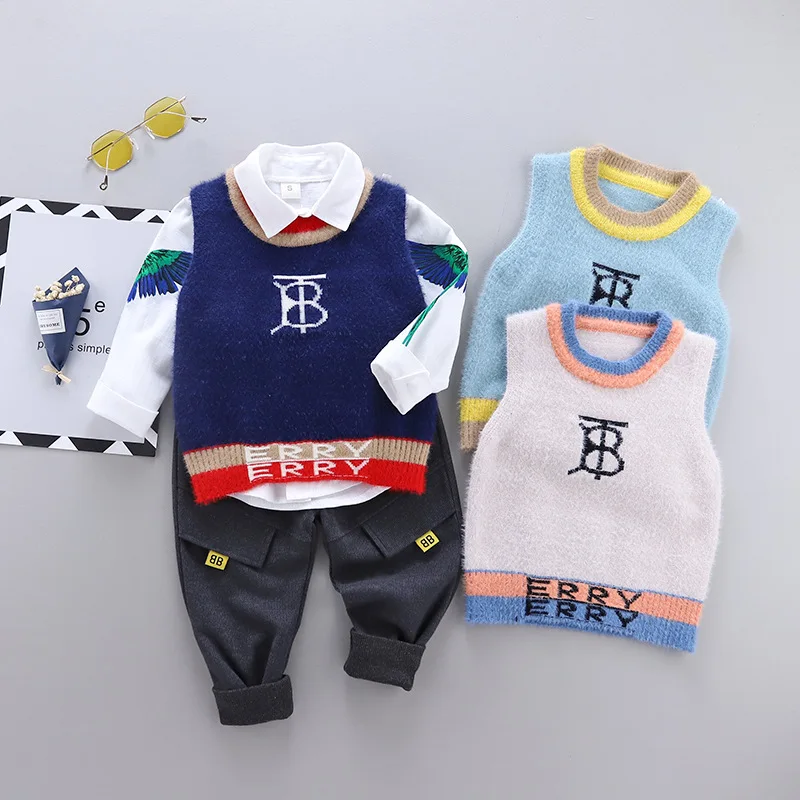 

2020 New Style Spring And Autumn Korean-style Children BOY'S White Shirt Long Sleeve Faux Mink Cashmere Sweater Waistcoat Three-