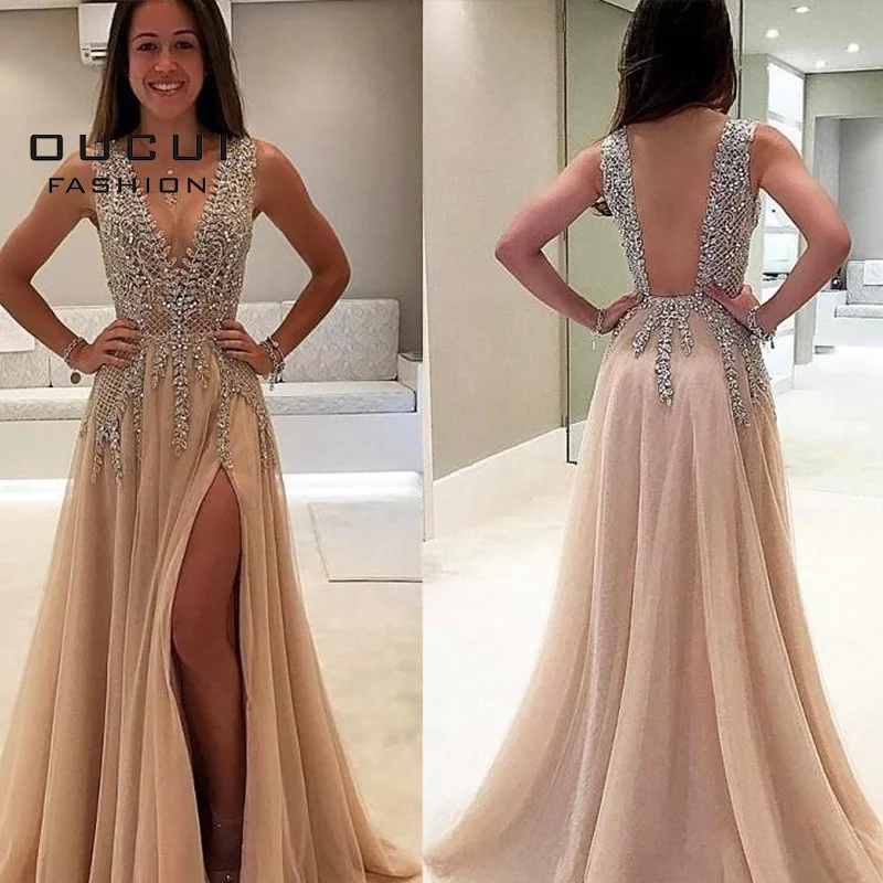Oucui Deep V Neck Long Evening Dress Handmade Beaded Sexy Gowns Formal Tulle Prom A Line Plus Size Vestidos De Fiesta OL103544 | Свадьбы и