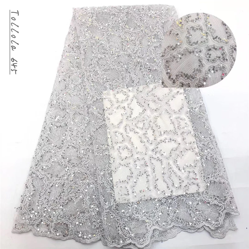 

French Net Lace Fabric 2019 Latest African Guipure Lace Fabric With Embroidery Mesh Tulle Silver Cord Sequins Lace Fabric