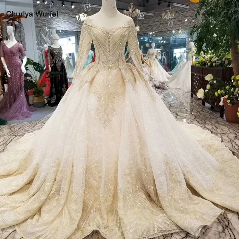 

LSS088 luxury dubai glitter wedding gowns o-neck long sleeve shiny lace flowers wedding dresses long train latest new design