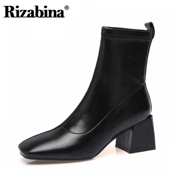 

Rizabina Women Shoes Real Leather Ankle Boots Square Toe Thick Heel Slip On Sock Boots Ladies Footwear Party Boots Size 34-40