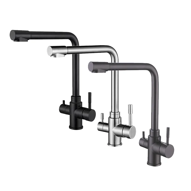 New Style Double Handle 304 Stainless Steel Healthy Drinking Water Filter Black 3 Three Way Mixer Tap Kitchen Sink Faucet