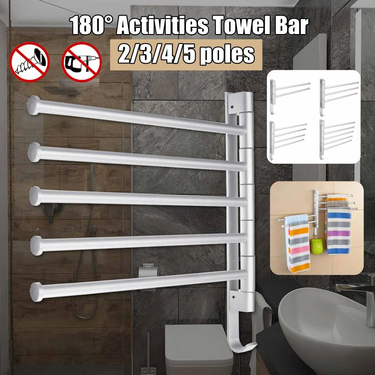 

Bathroom Swivel Towel Bar 4-Arm Stainless Steel Swing Hanger Towel Rack with Hook Space Saving Wall Mount Rotating Towel Rail