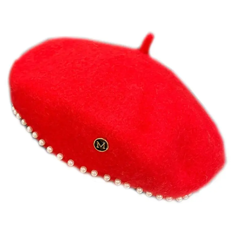 G Japanese Sweet Women Girl Winter Faux Wool Beret Cap Solid Color Imitation Pearl Beaded French Artist Painter Pumpkin Beanie Hat - Цвет: G
